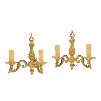 Pair of sconces in gilded bronze double candles
