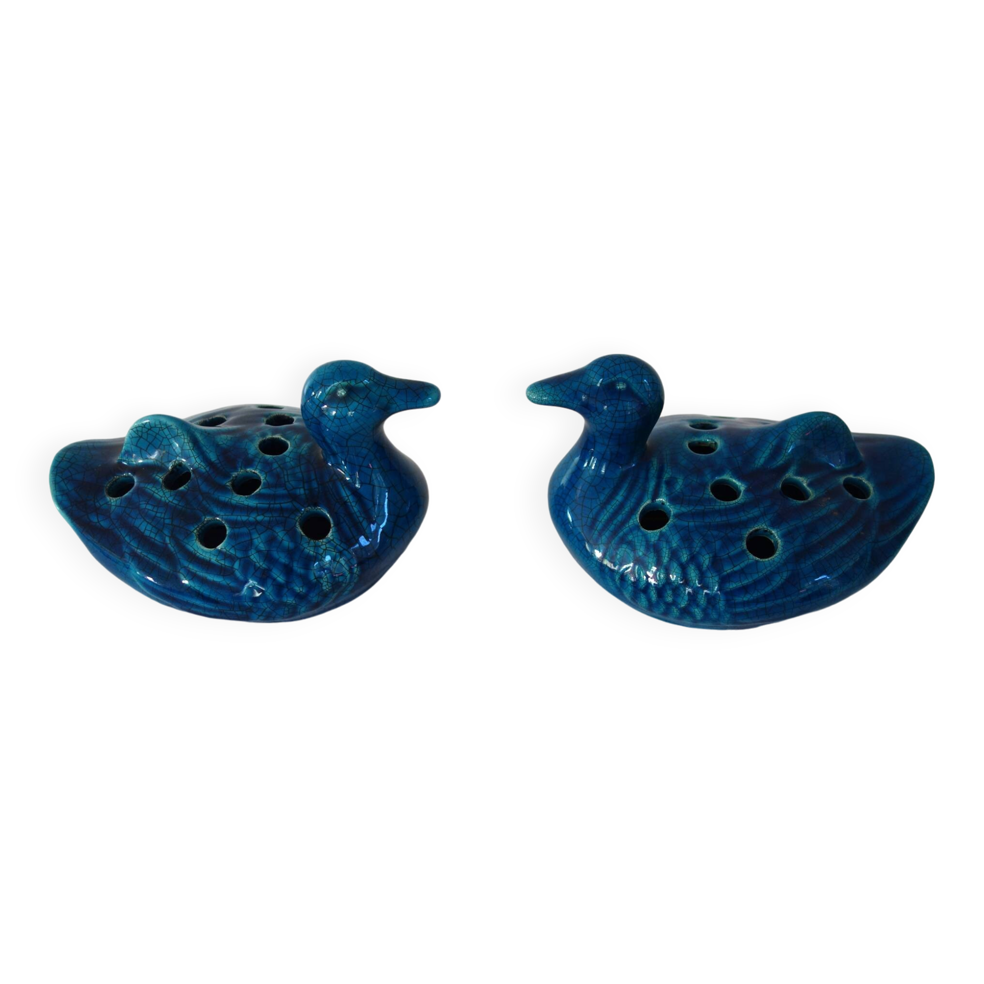 2 blue ceramic duck flower picks