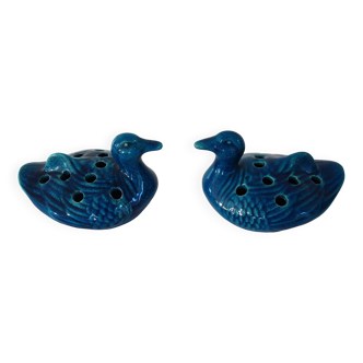 2 blue ceramic duck flower picks