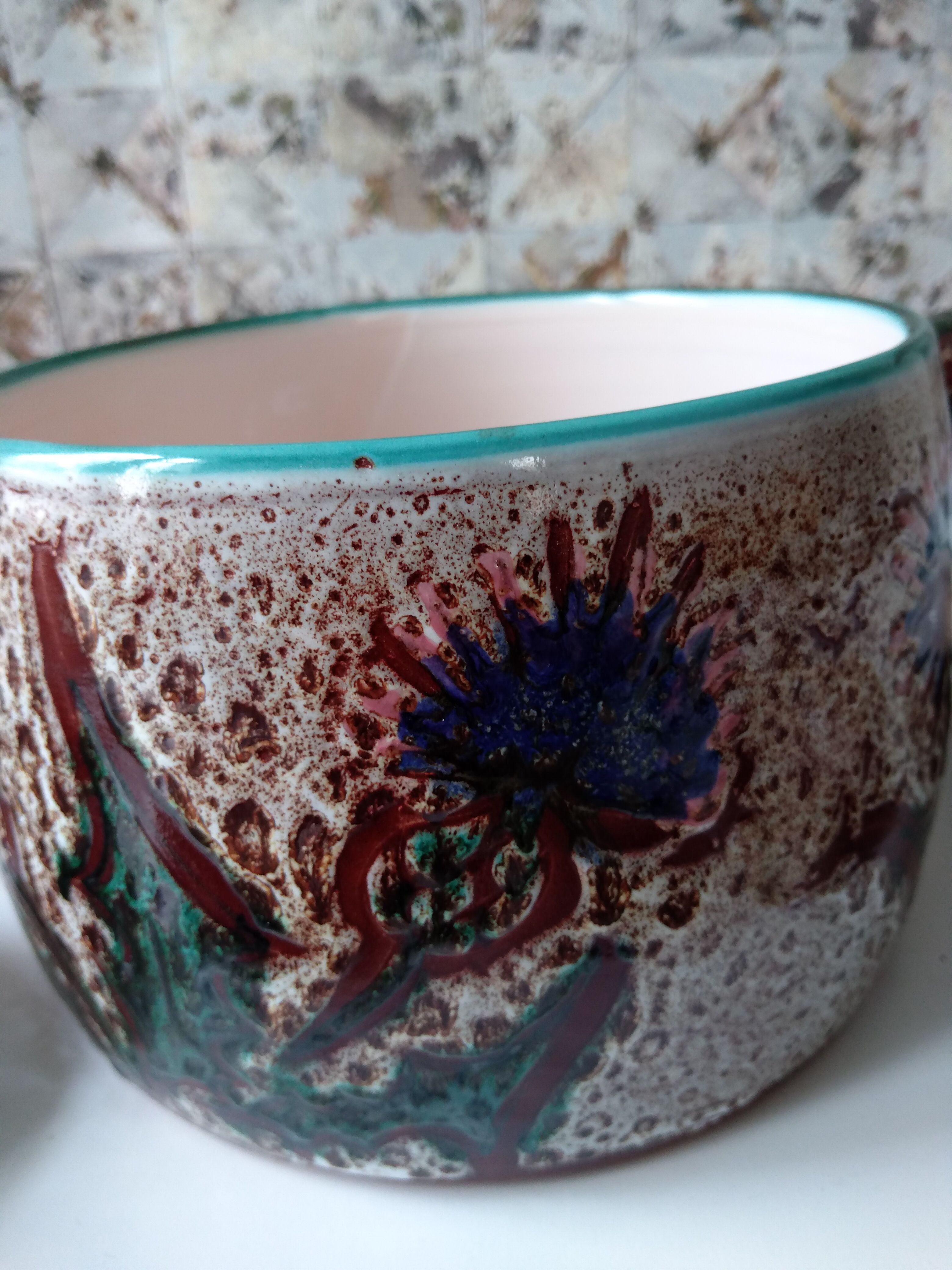 Vallauris fondue serving lot 1 large pot and 6 small pots décor thistle gray, blue, green