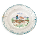 Grand plat creux ancien XIXe faïence décor pastoral Enfant, Cochon et Oie