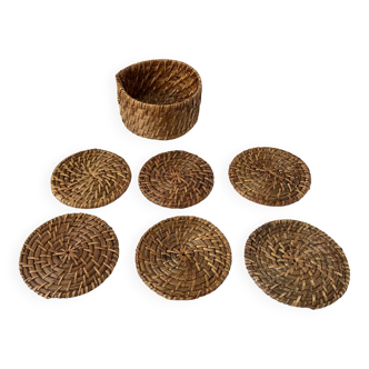 set of 6 wicker rattan coasters from the 70s