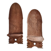 Pair of hand-carved wooden folding chairs – African origin, animal and face motifs, mid-20th century