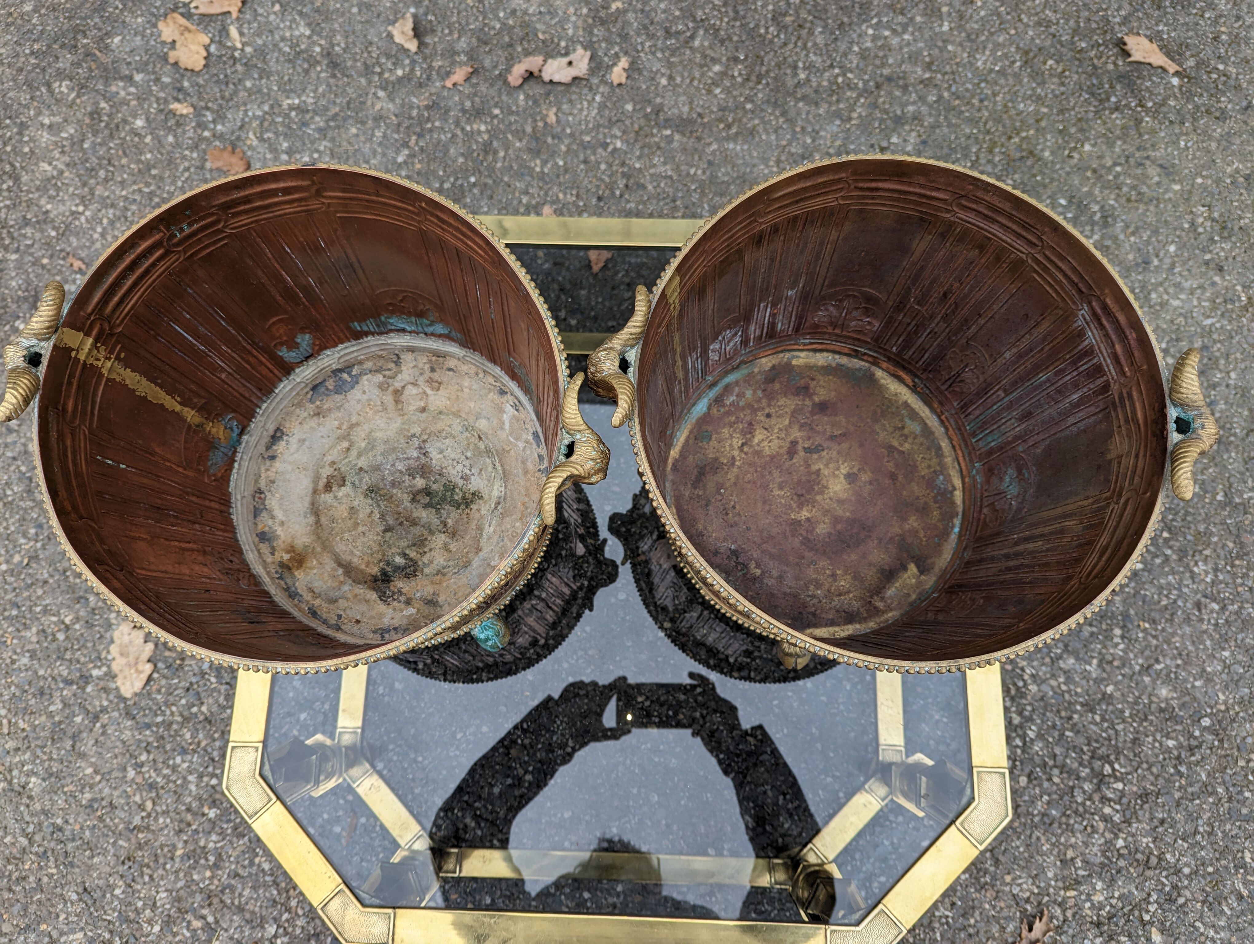 Pair of brass and bronze planters rams' heads 1890