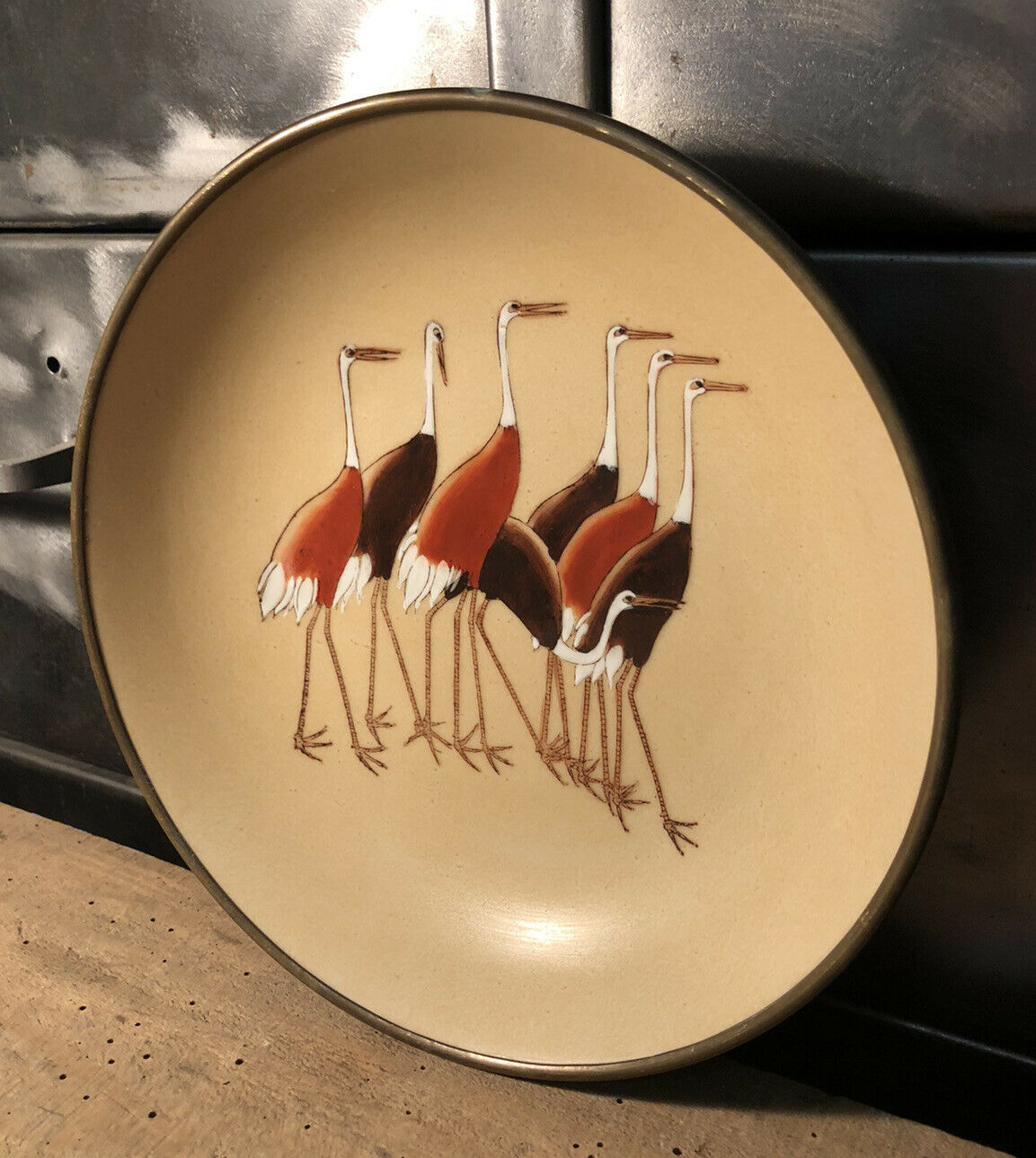 Hollow plate Japan ACF porcelain circled brass decorated with cranes