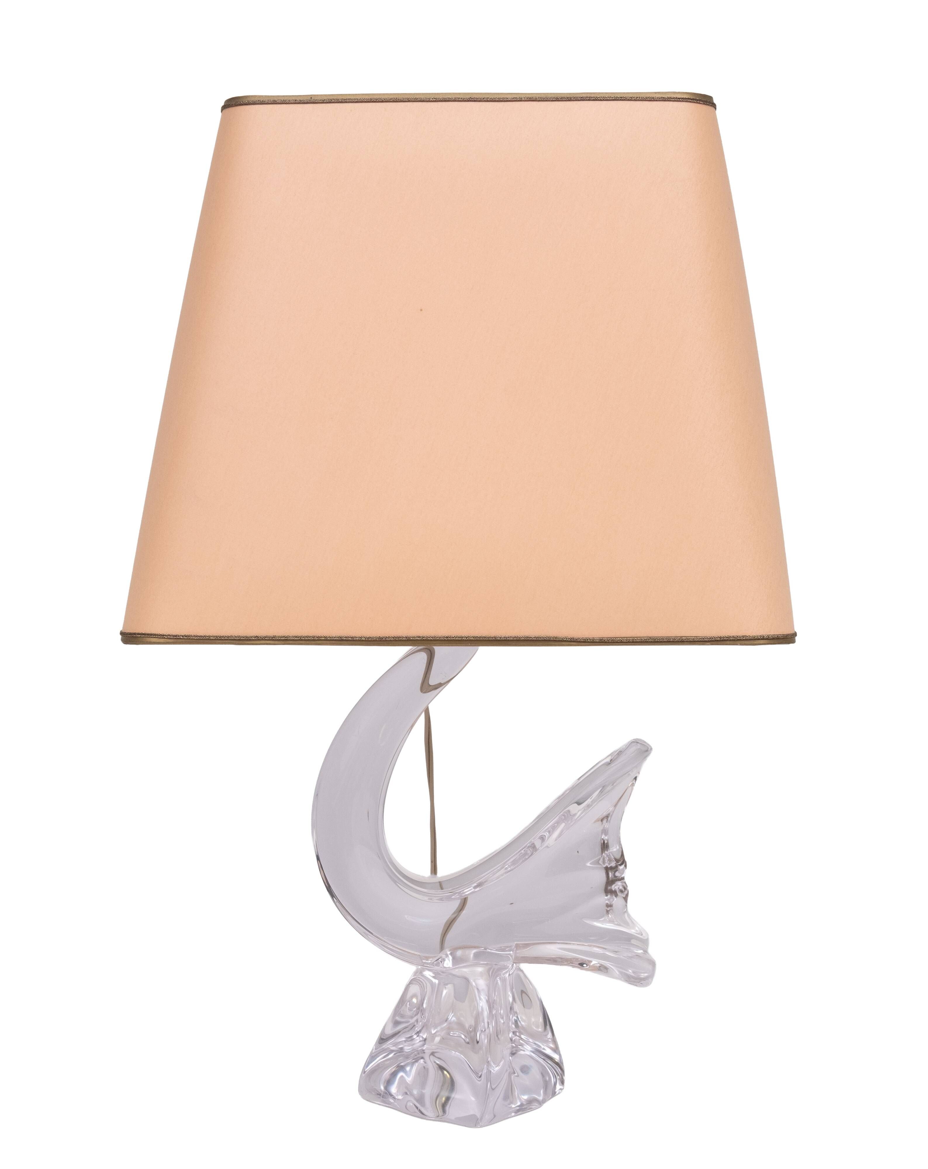Daum Crystal Glass Bird Table Lamp, Vintage 1960s, France, Oval Shade