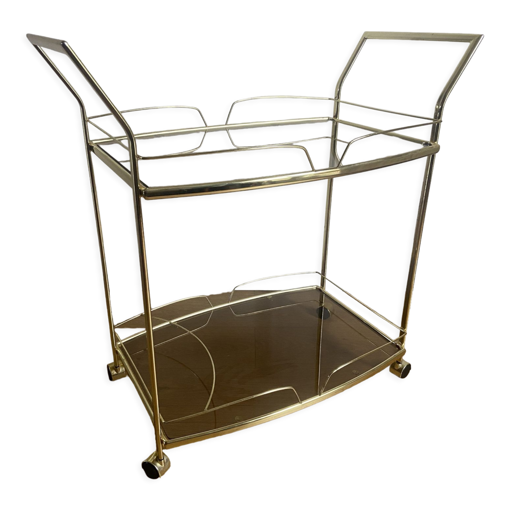 Vintage rolling service in gilded metal and smoked glass