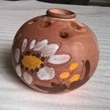 Pique fleurs vintage en grès émaillé signé décor floral