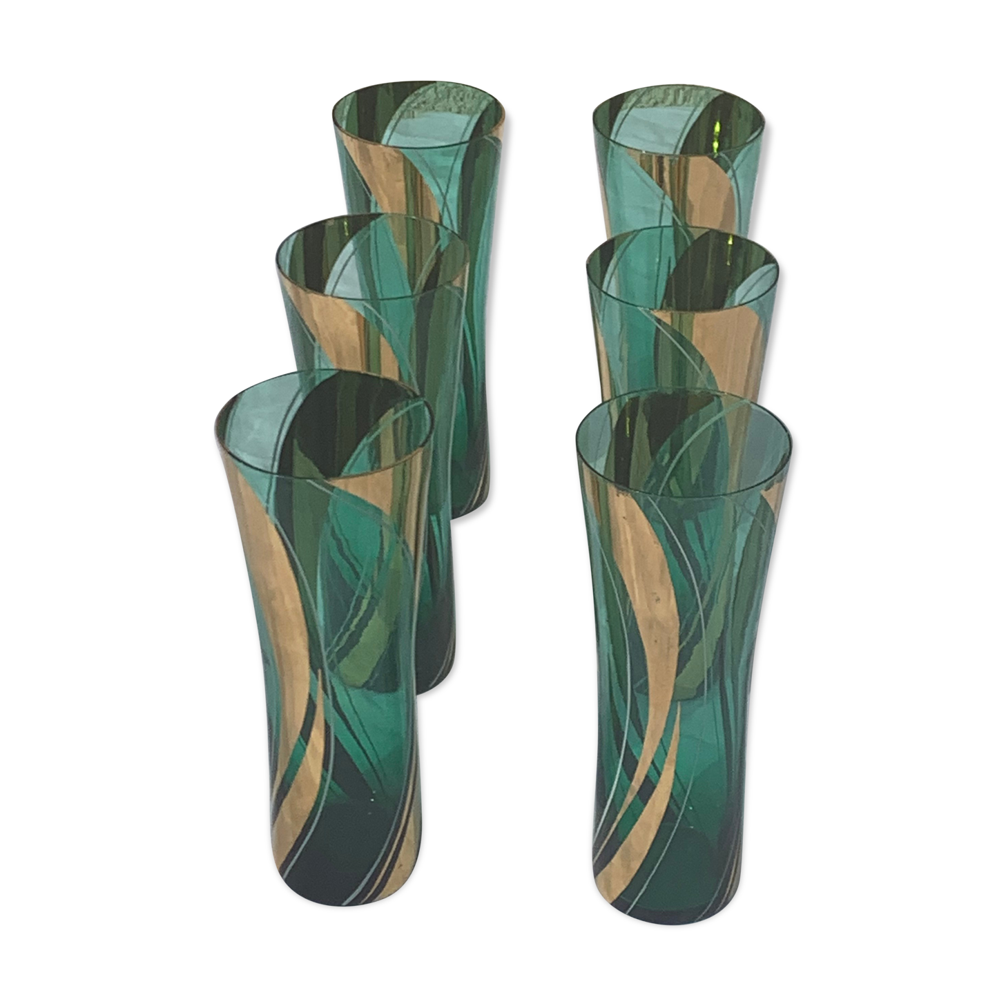 6 glasses with orangeade green and gold vintage