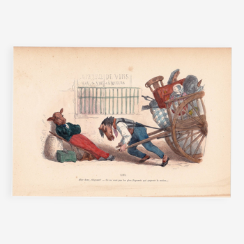 19th Century Caricature 1869 Donkey Ox Cart Animals Jean Jacques Grandville Donkey Deco