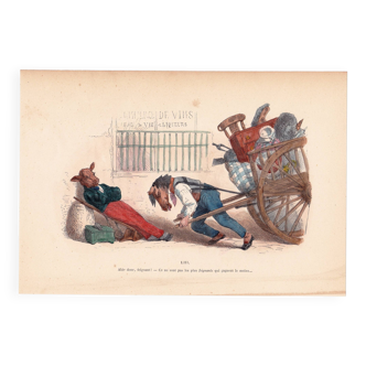 19th Century Caricature 1869 Donkey Ox Cart Animals Jean Jacques Grandville Donkey Deco