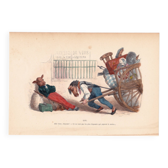 Caricature XIXe 1869 Âne Boeuf Charette Animaux Jean Jacques Grandville Donkey Deco