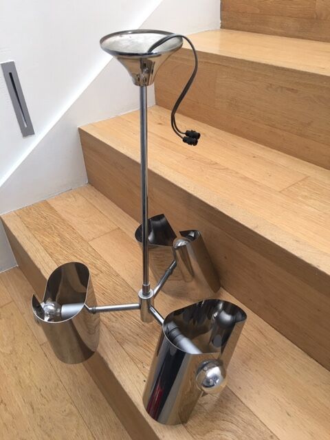 Vintage hanging lamp with 3 70s design steel bulbs