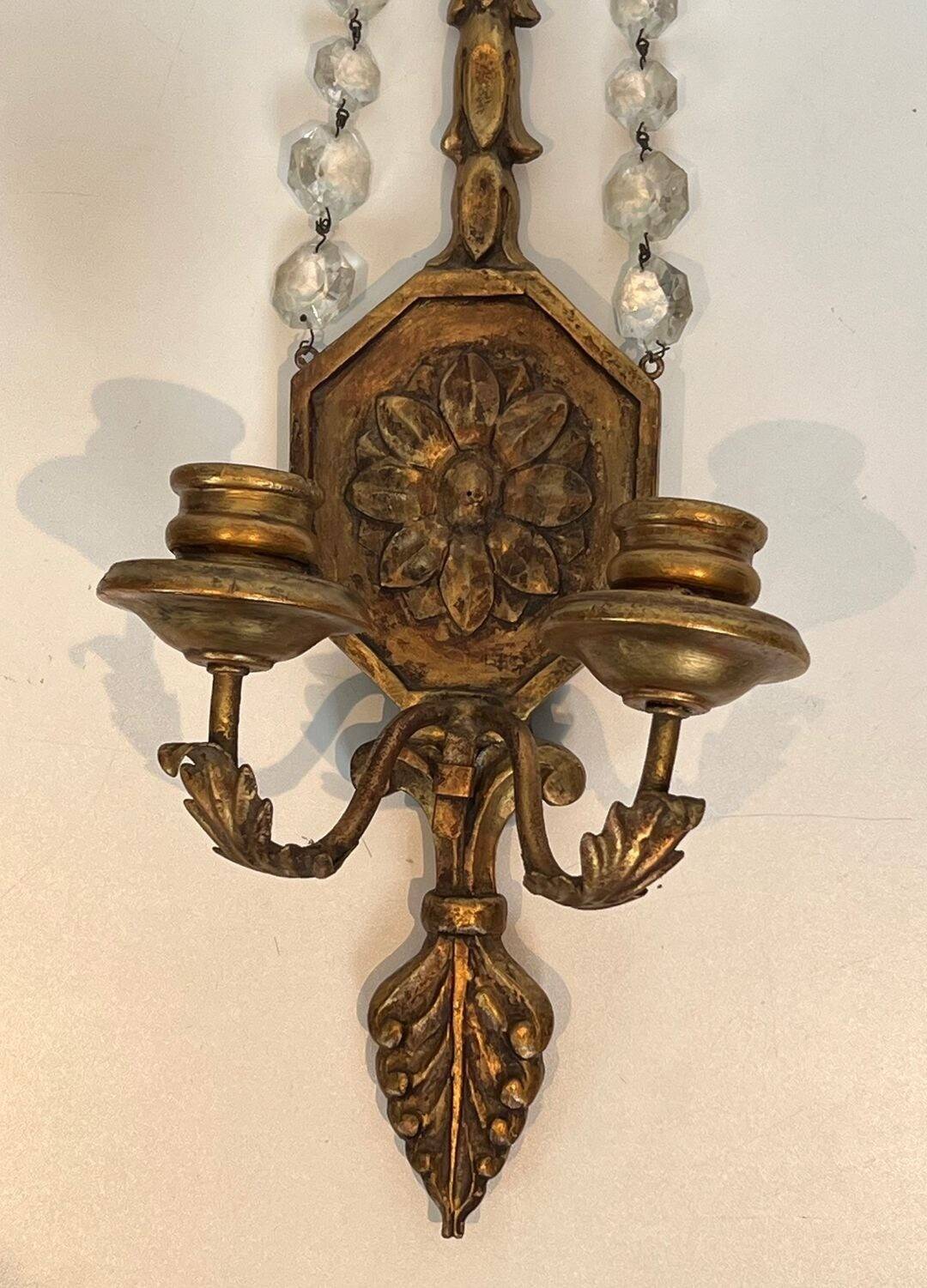 Important Pair of Gilded Carved Wood Wall Lights with Crystal Garlands