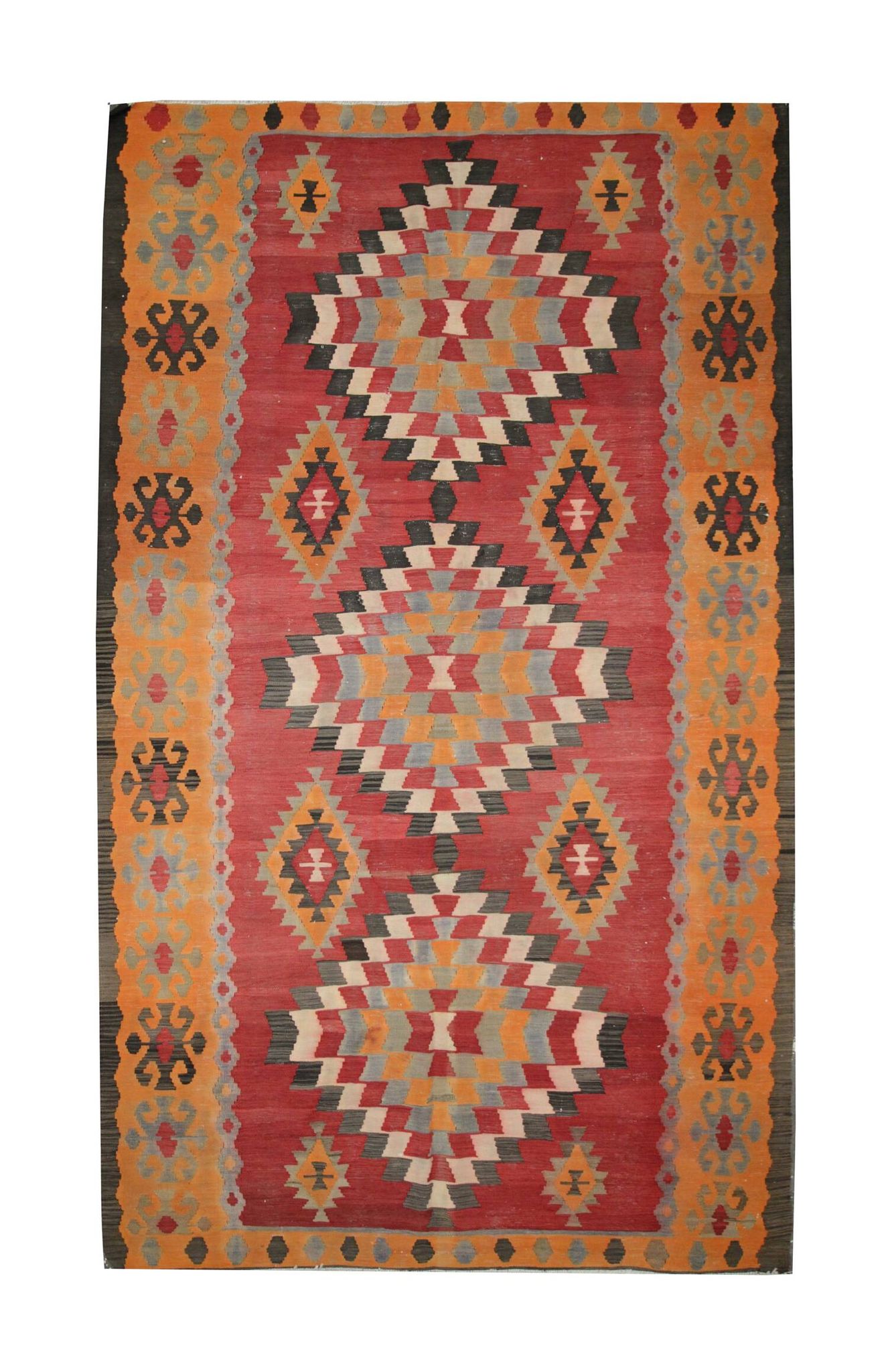 Vintage Red Orange  Kilim Rug 1980s Wool Tribal Flatweave 287 x 150 cm