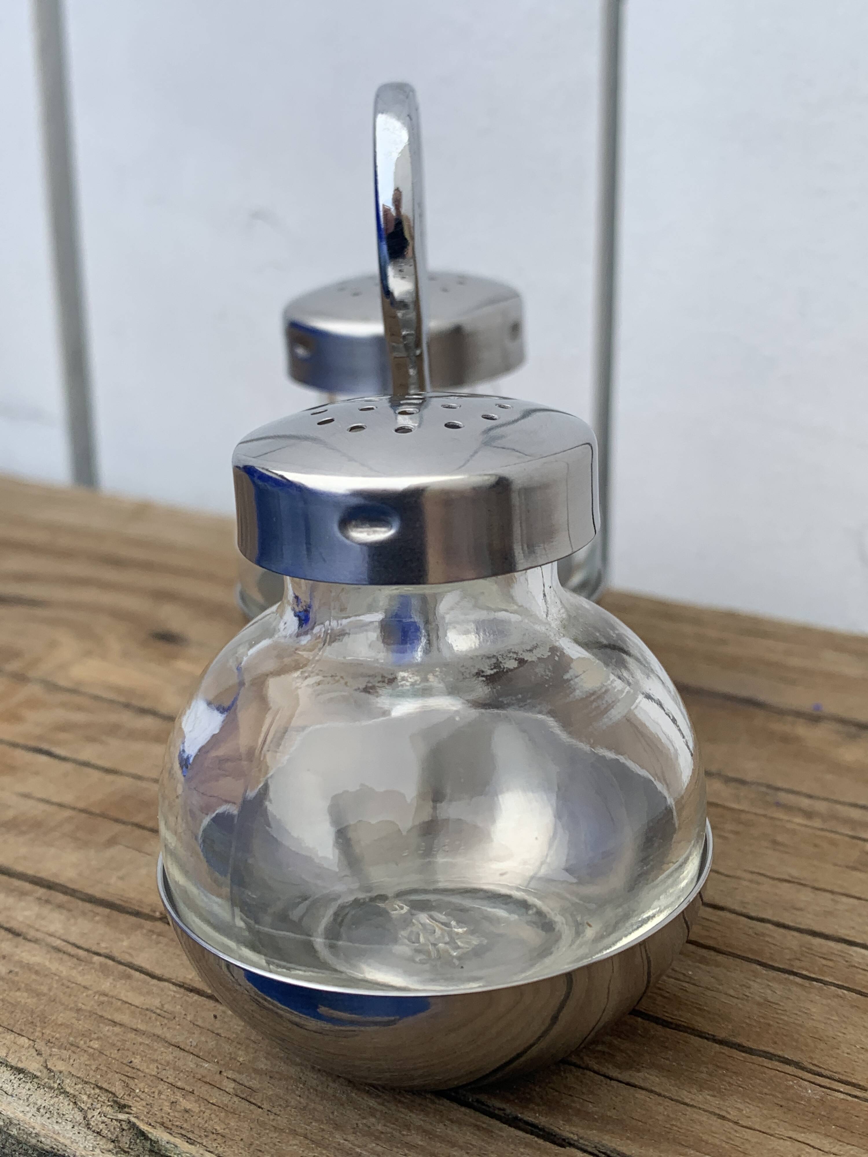 German salt and pepper shaker WMF in metal and glass, 1970