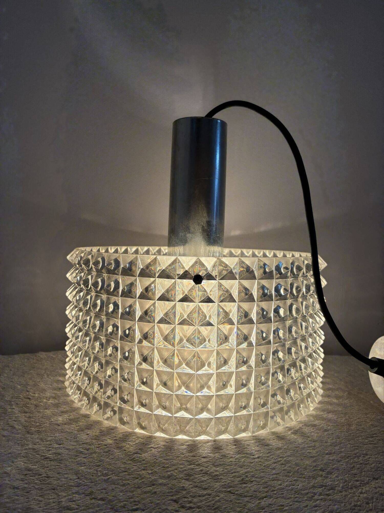 Acrylic pendant light with diamond pattern, chrome, 1970s