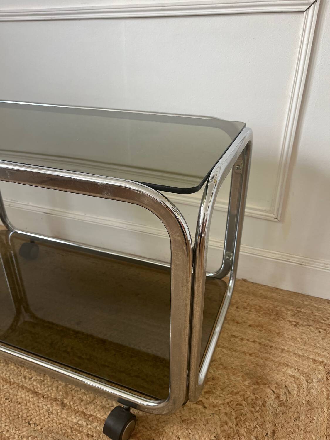 Rolling serving cart in chromed steel and smoked glass, 70s design
