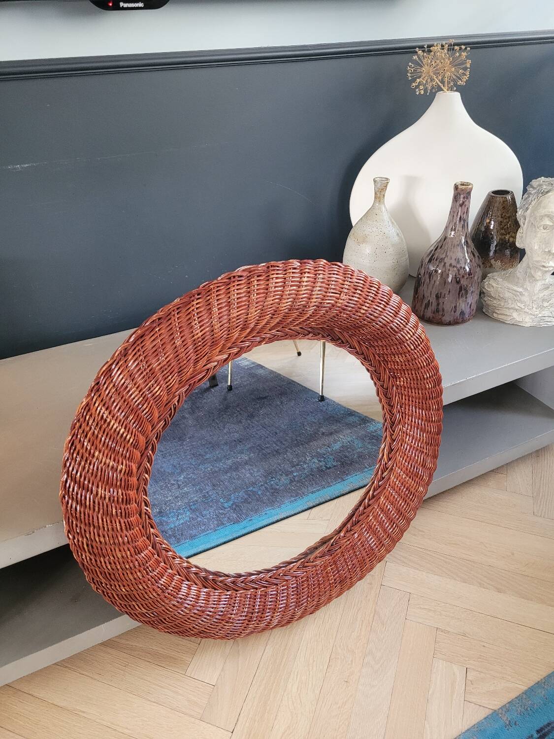 Vintage round rattan mirror