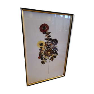 Tableau vintage fleurs ailes de papillons naturalisés