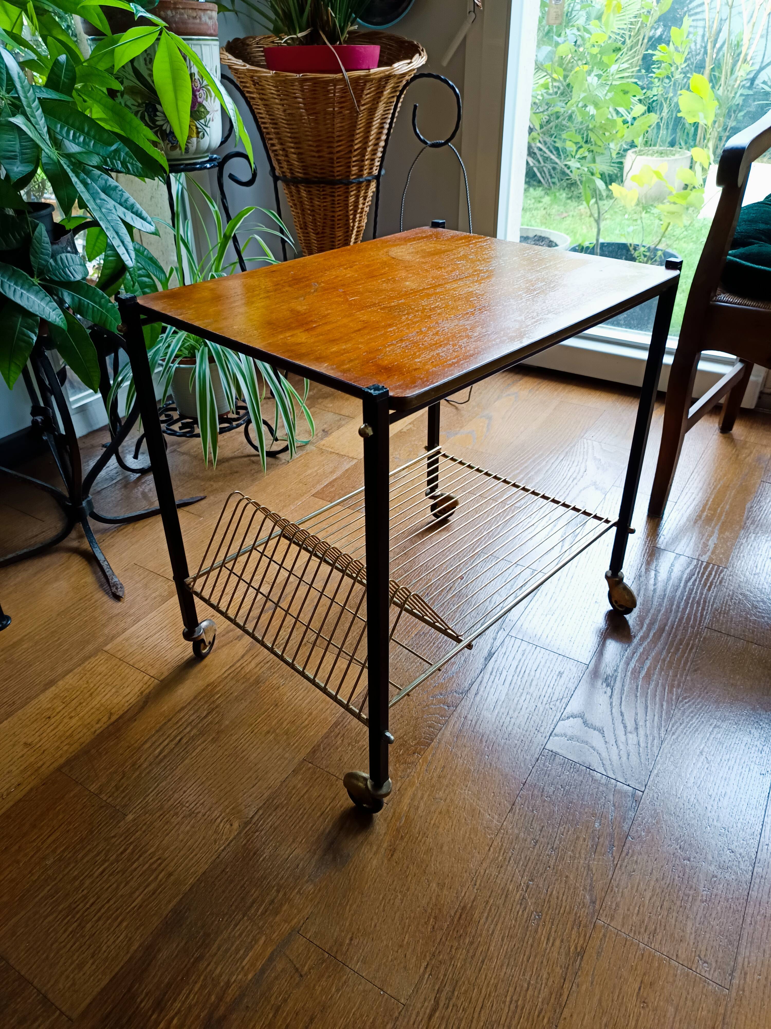 table roulante porte vinyles vintage des années 60 dessus bois