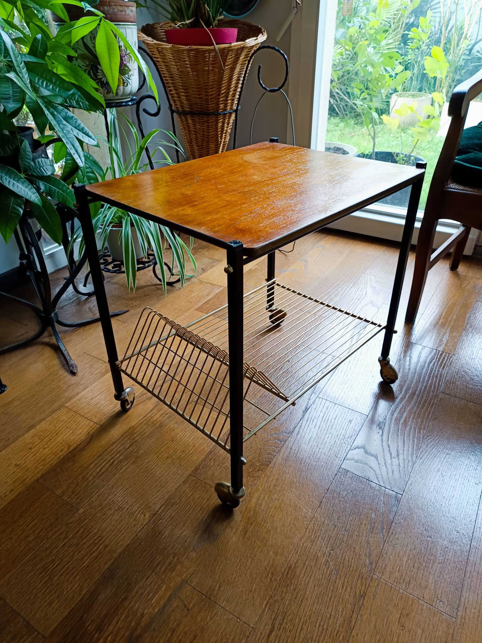 vintage 60s vinyl rolling table with wooden top