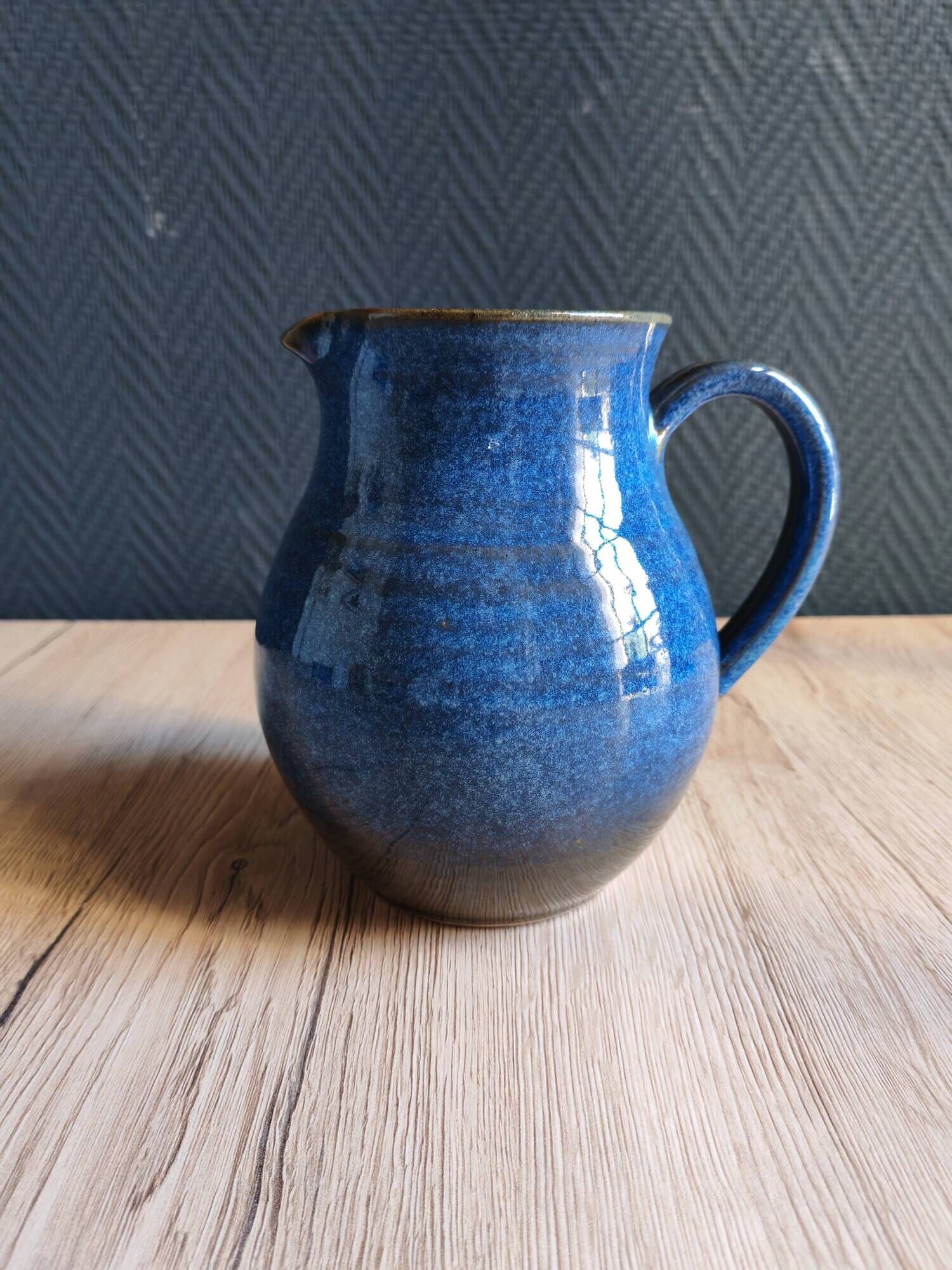 Vintage Blue Stoneware Jug with Grape Cluster Pattern, Ceramic Vase