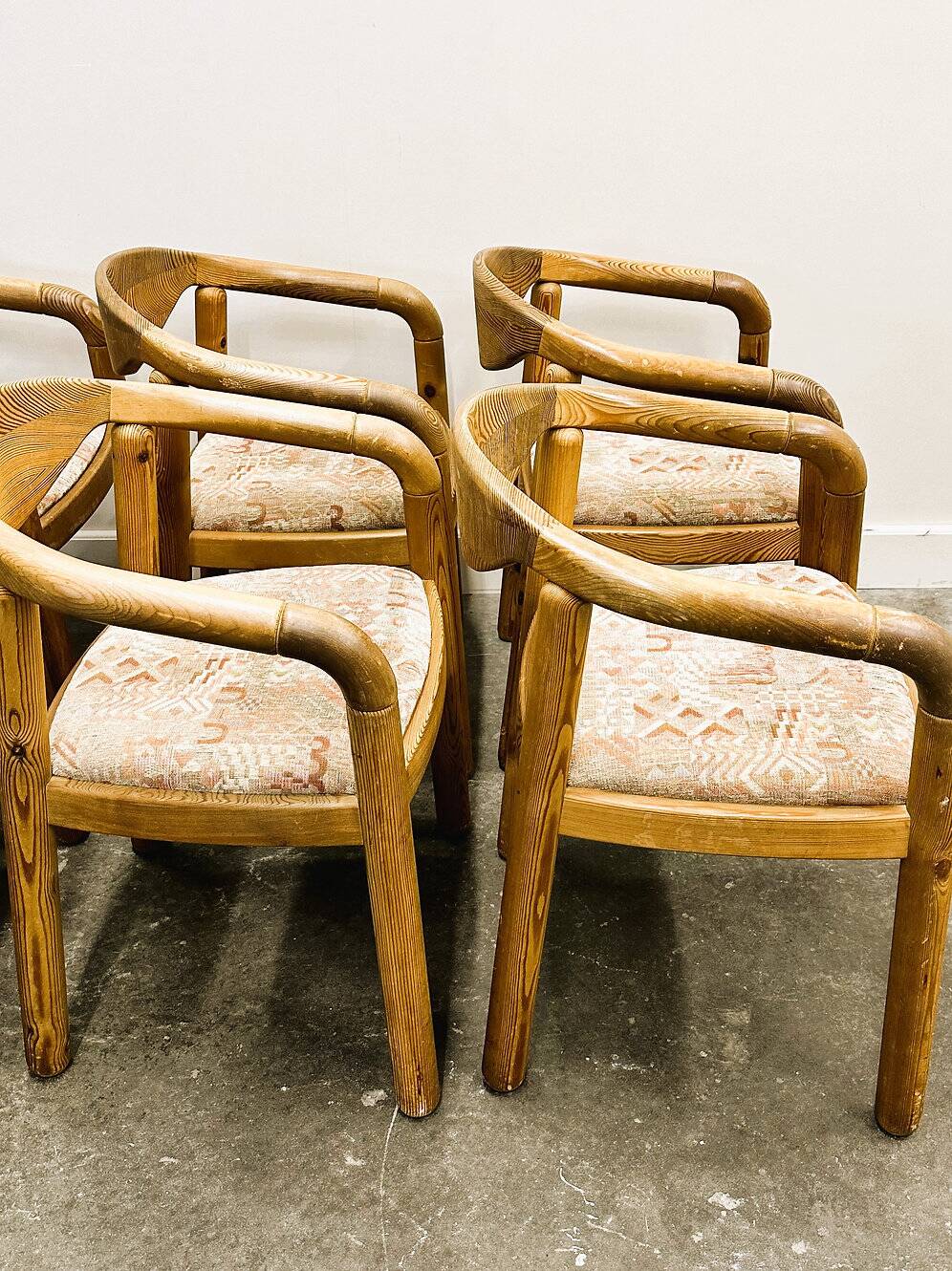 Set of six Rainer Daumiller pine wood arm chairs, 1970s