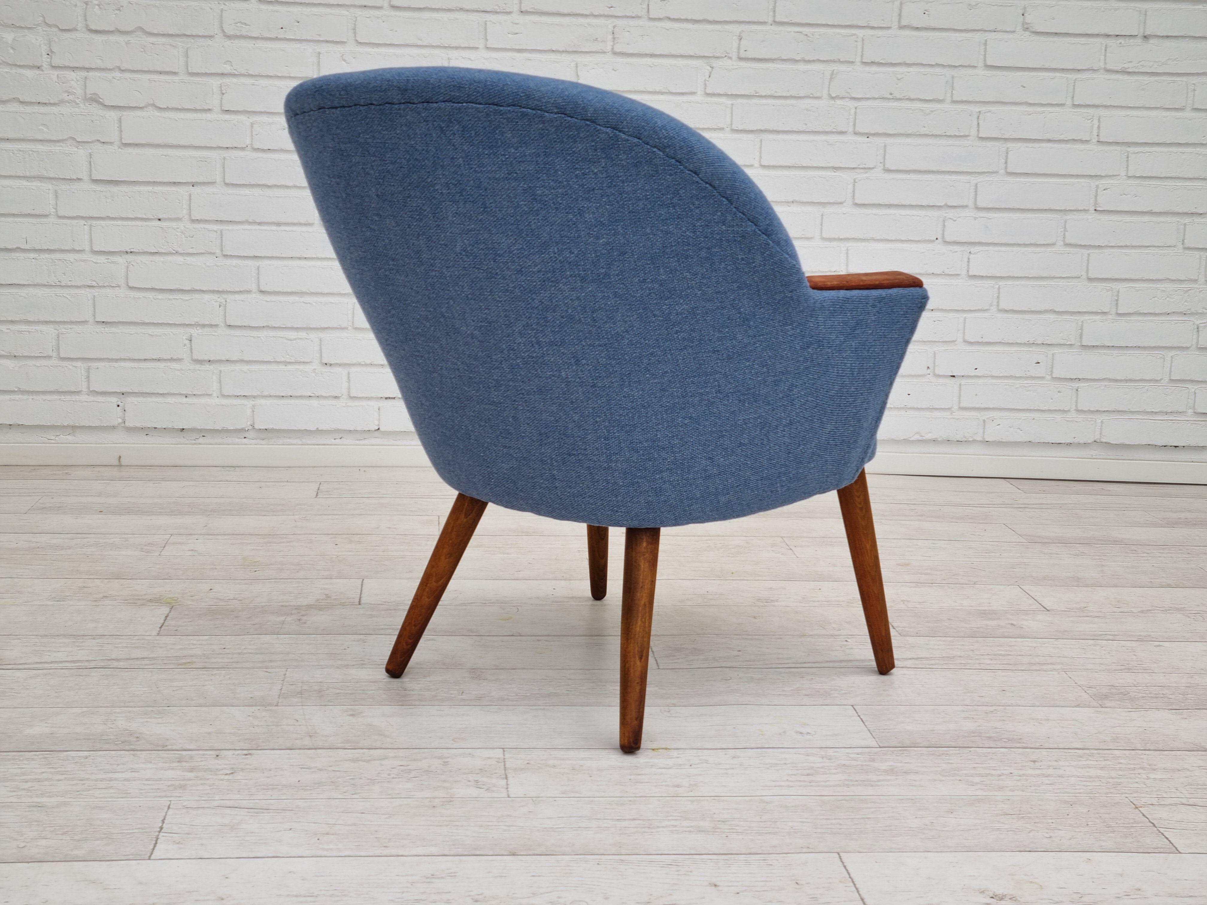 1960s, danish design, reupholstered lounge chair, camira furniture wool fabric, teak