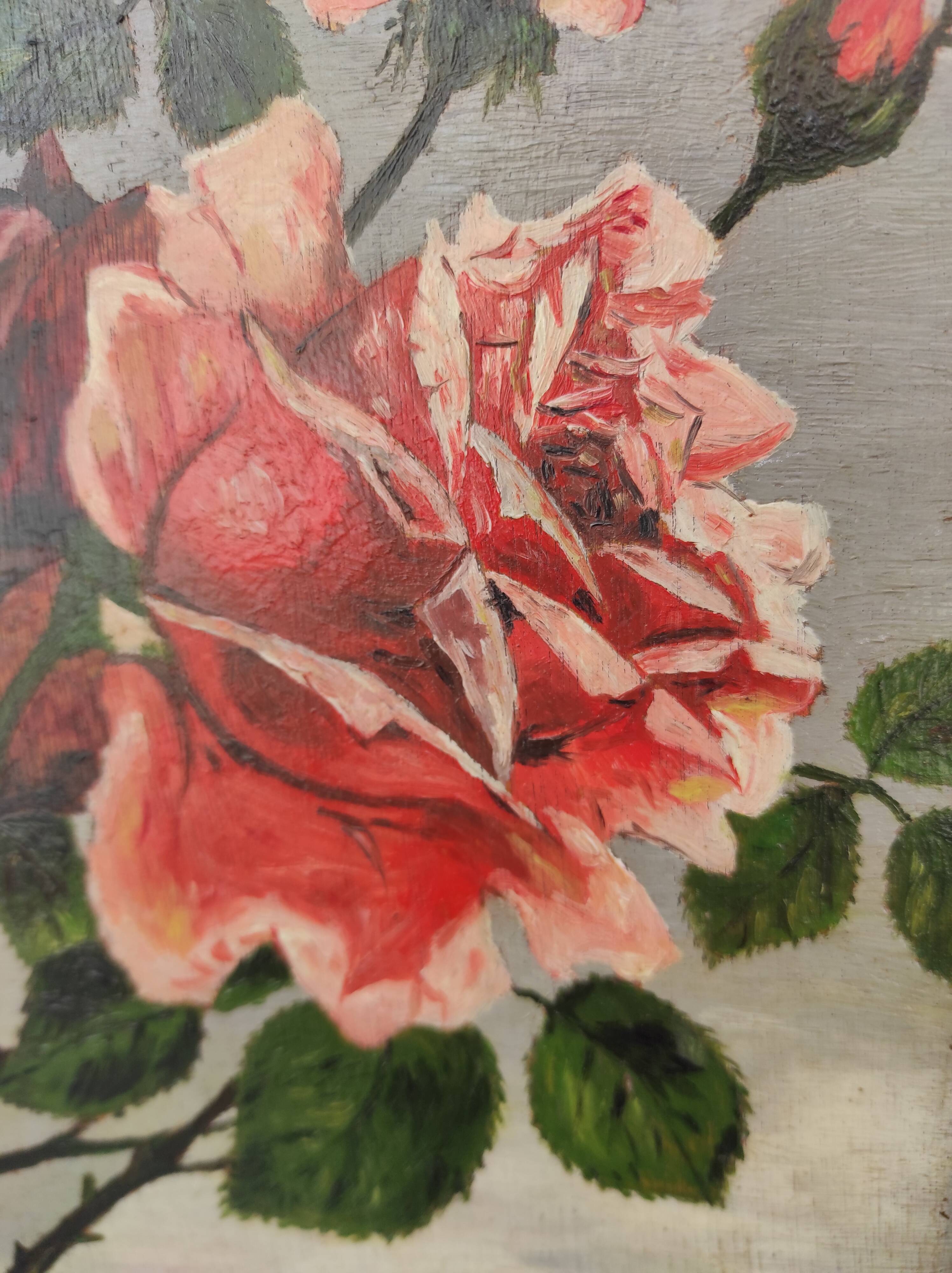 Vintage oil painting of flowers, two roses,  signed Trosset, 1942