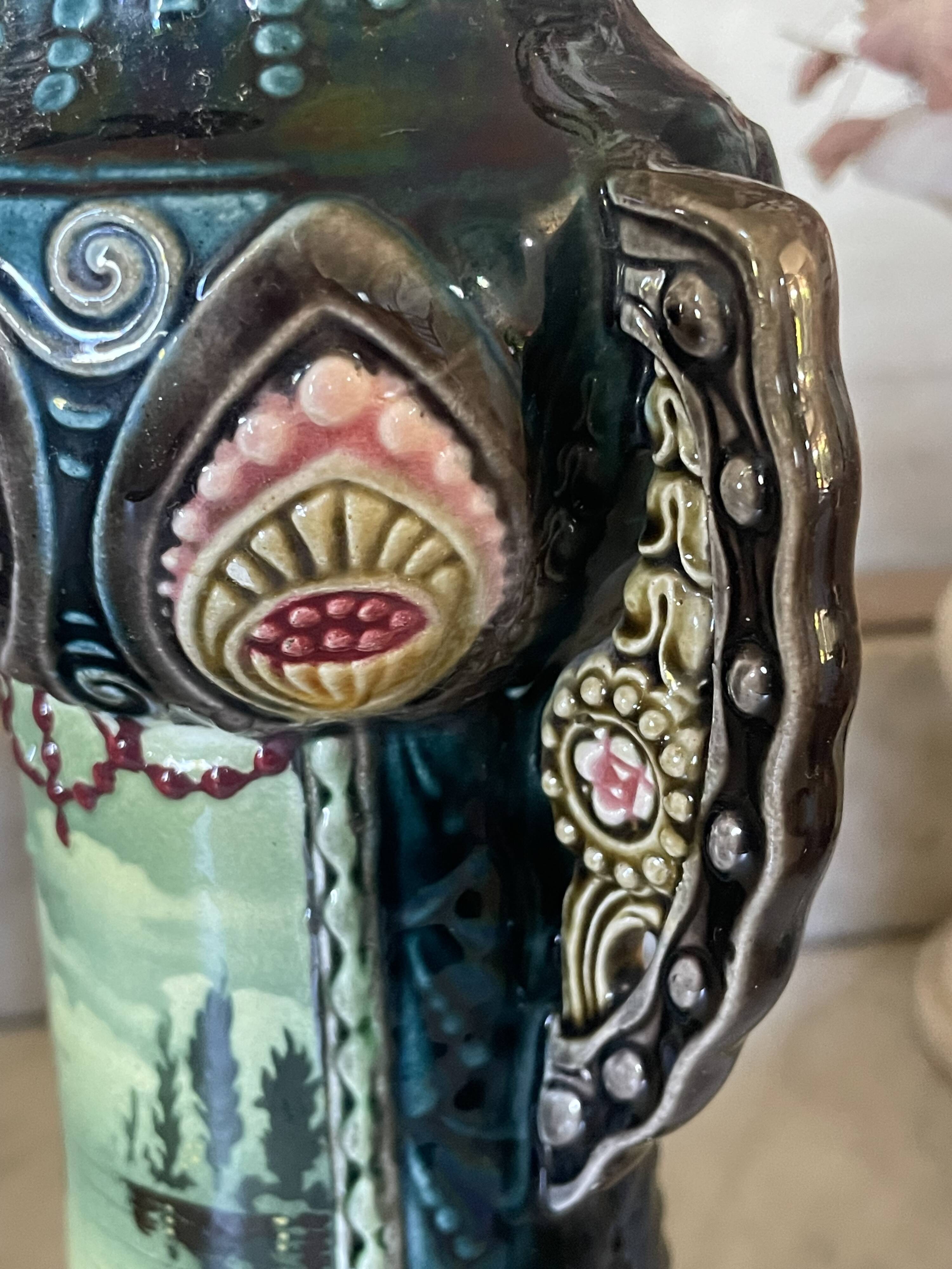 Pair of Art Nouveau slipware vases, hand-painted decoration.
