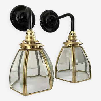 Pair of vintage glass and brass wall lights