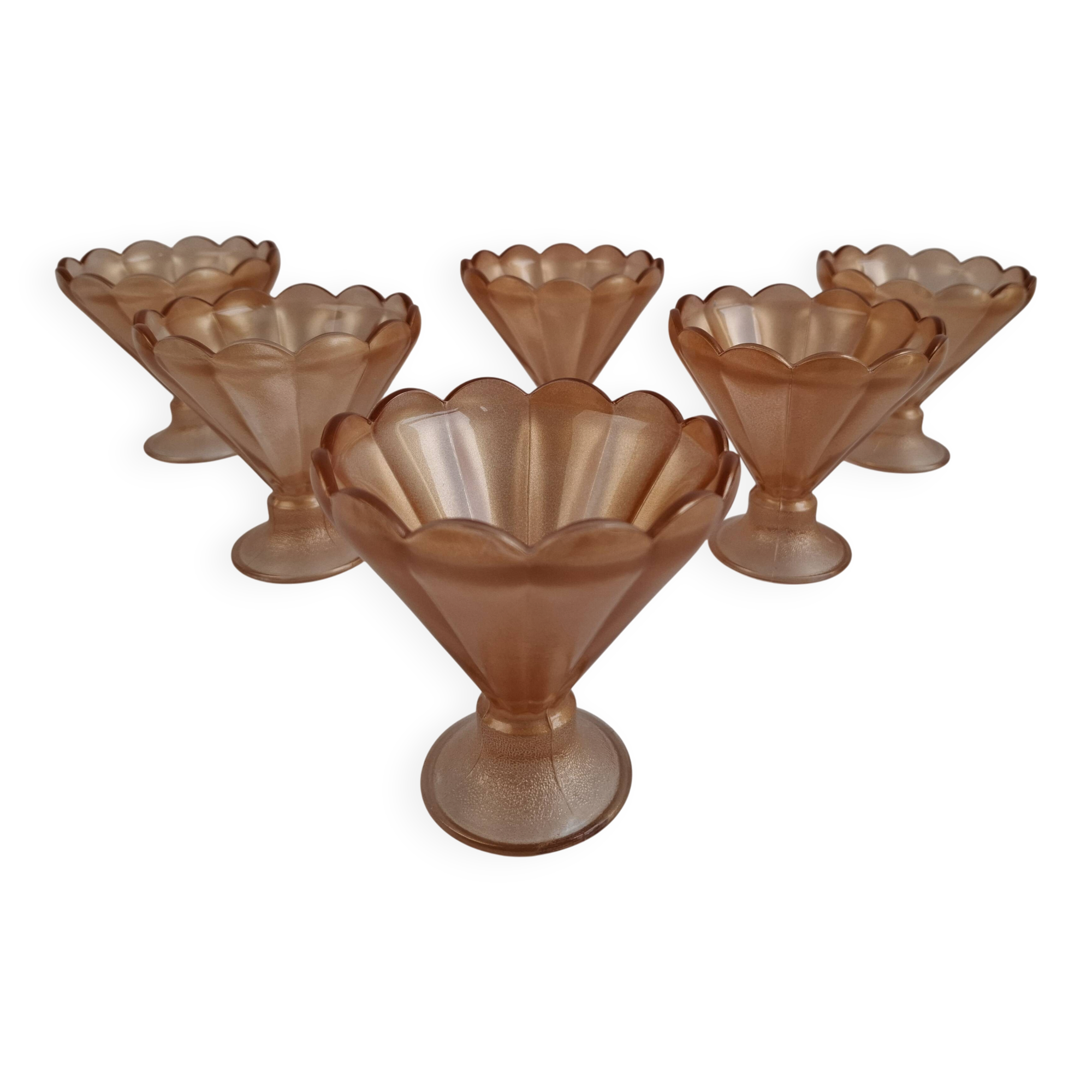 Set of 6 Art Deco Pink Rosaline Glass Dessert Bowls, Czechoslovakia, 1930s