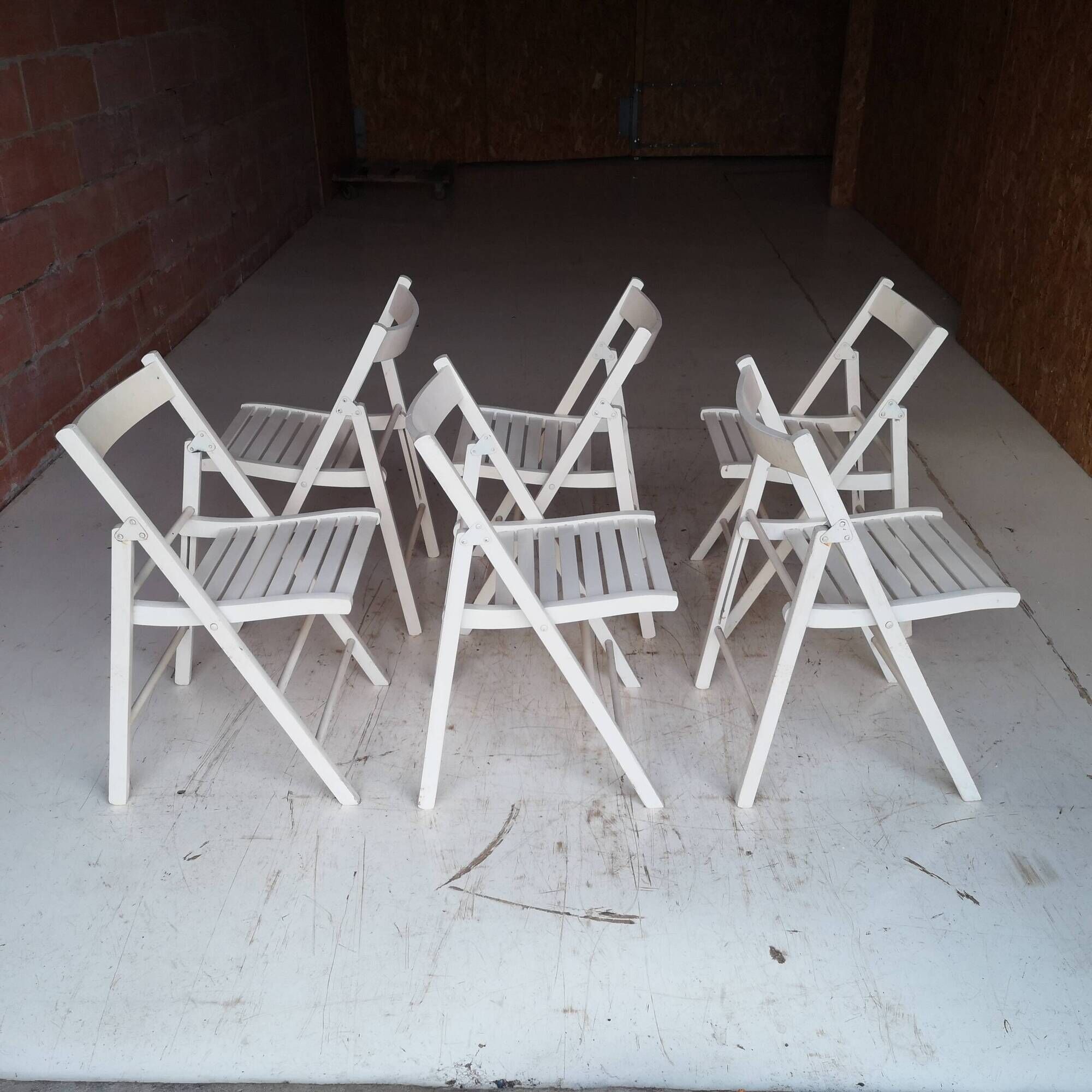 Set of 6 White Wooden Folding Chairs Vintage Scandinavian Style 1980s