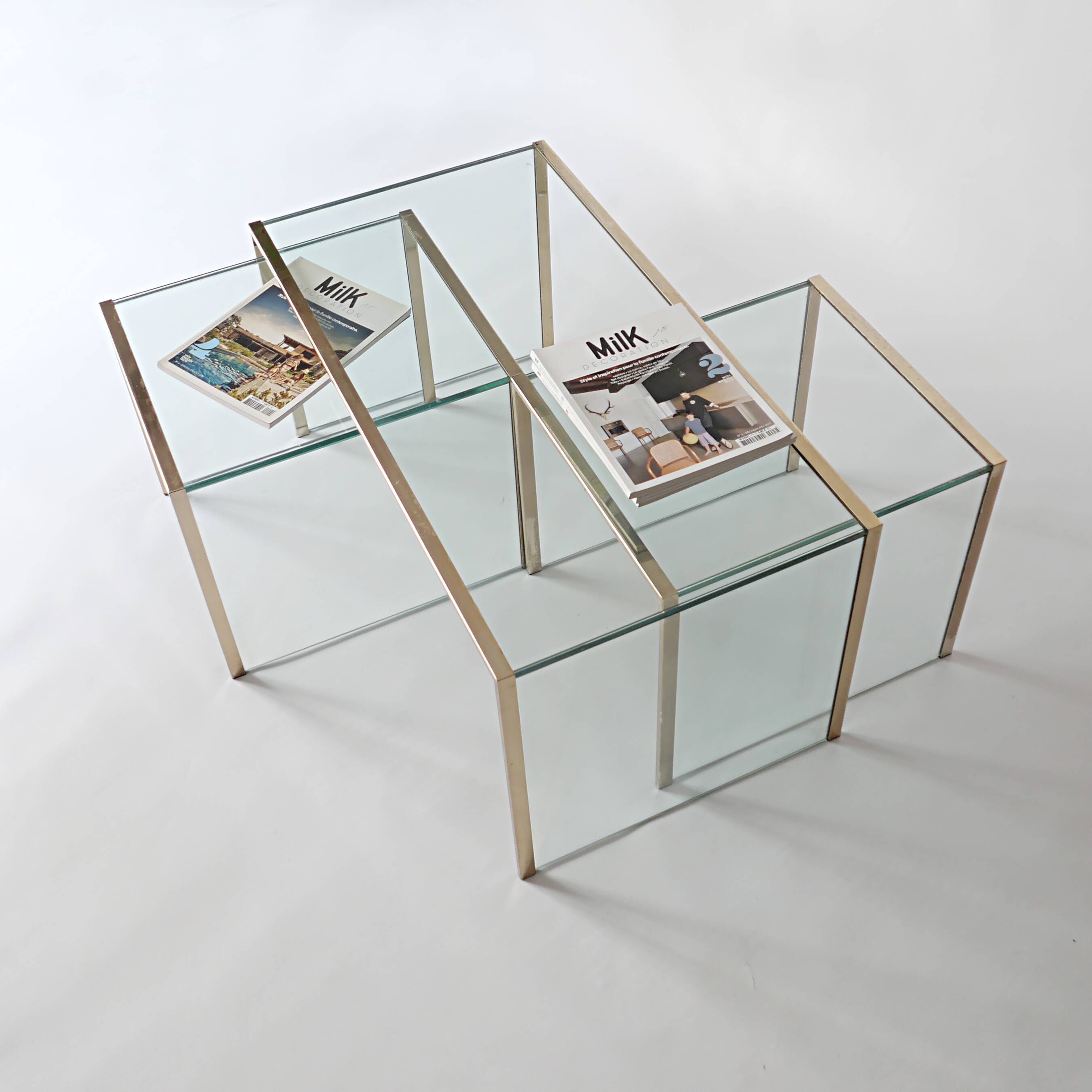 3 nesting coffee tables in glass and gilded metal, 1950-1970