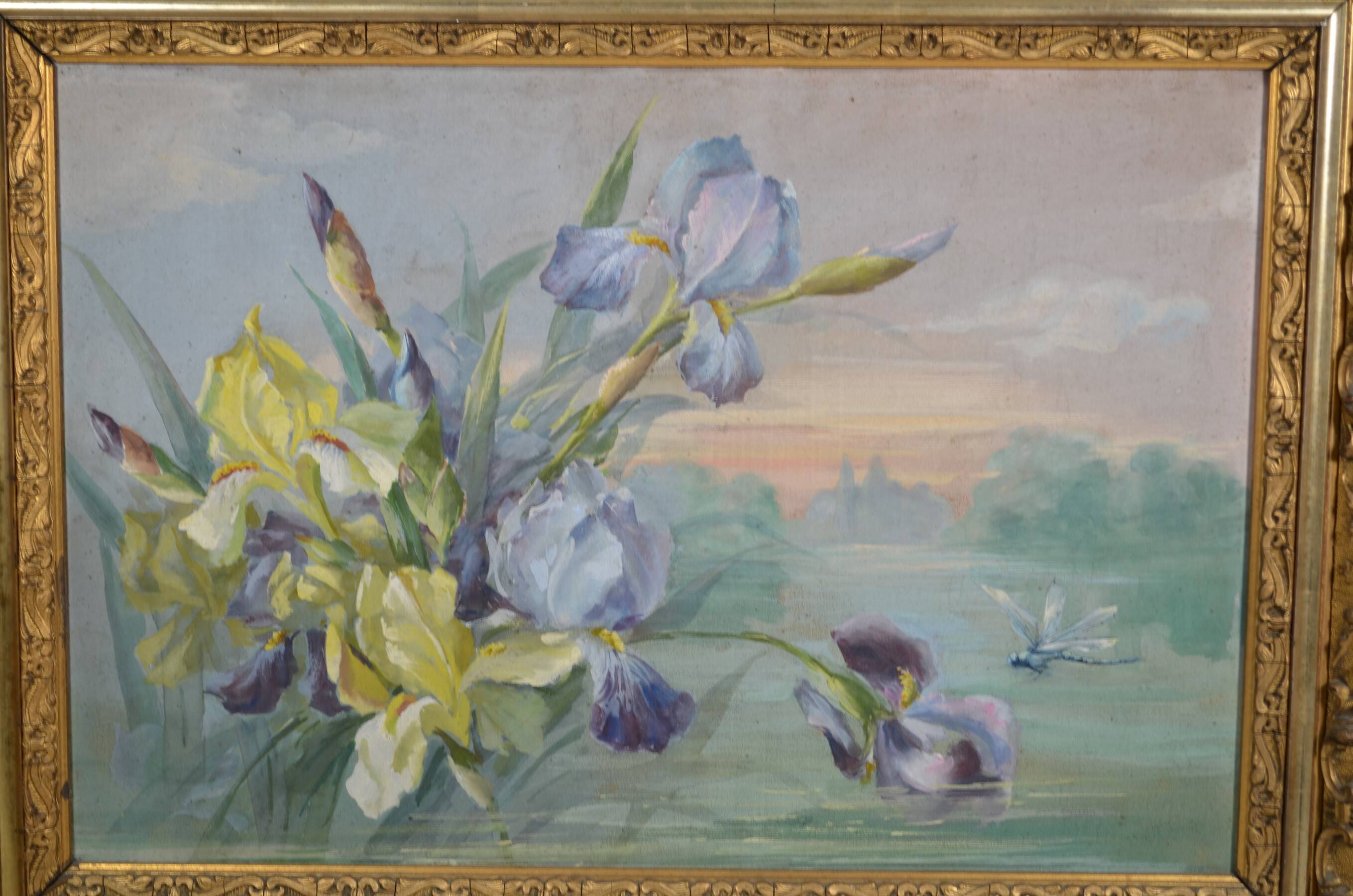 French School circa 1900 “Irises and dragonflies” Painted silk.