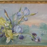 French School circa 1900 “Irises and dragonflies” Painted silk.
