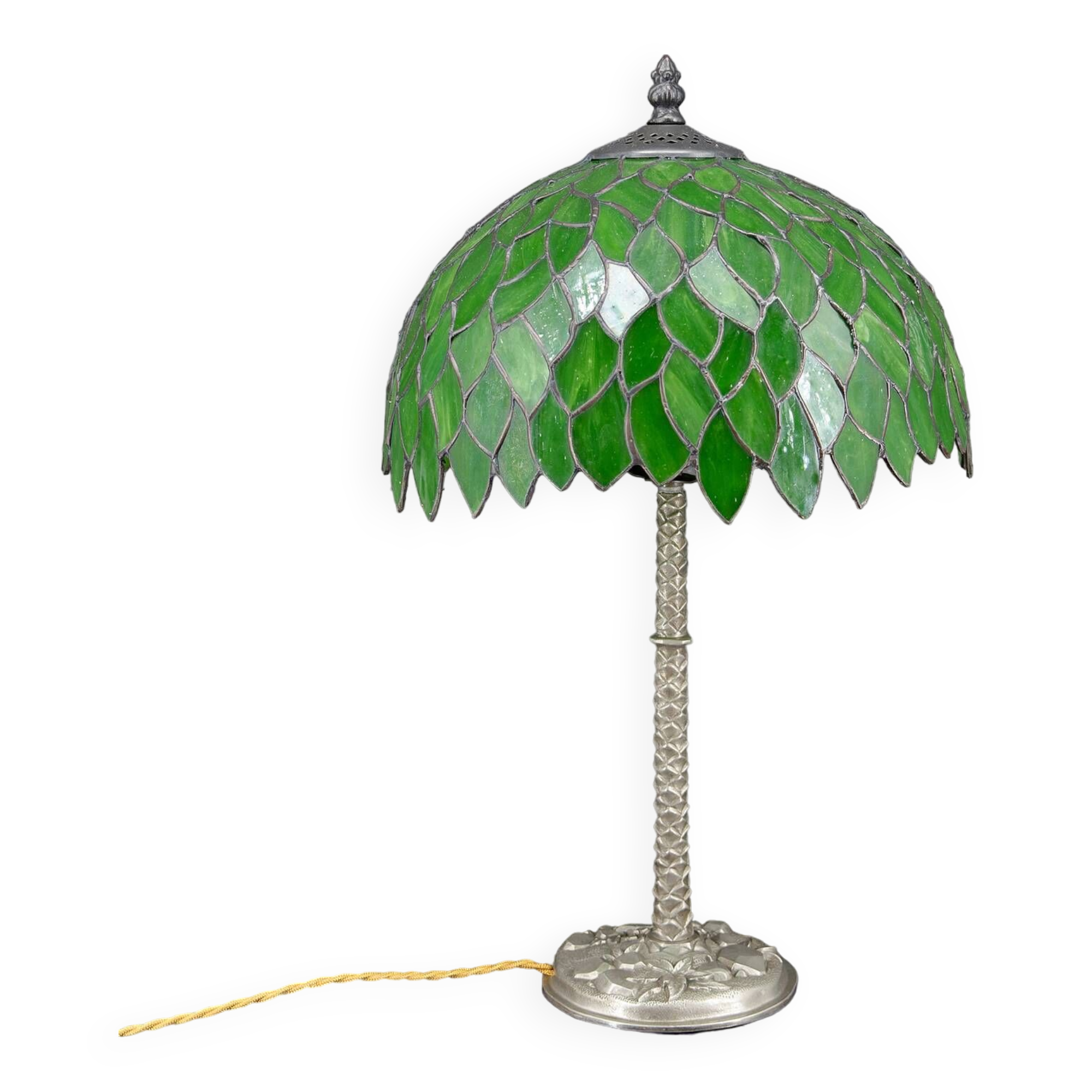 Palm lamp in silvered bronze and green stained glass foliage lampshade, Art Nouveau, 1900
