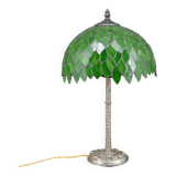Palm lamp in silvered bronze and green stained glass foliage lampshade, Art Nouveau, 1900
