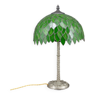 Lampe palmier en bronze argenté et abat-jour feuillage en vitrail vert, Art Nouveau, 1900