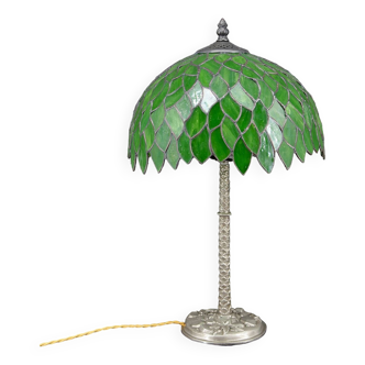 Palm lamp in silvered bronze and green stained glass foliage lampshade, Art Nouveau, 1900