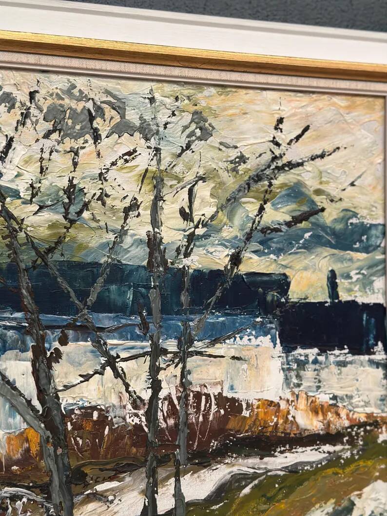 Large Original Swedish Oil on Panel – “Landscape with Houses and Trees” by Stig Hallblom – Signed – Vintage & Framed 90×59.5cm (35.4"×23.4")