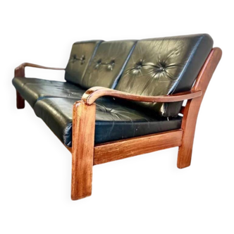 VINTAGE LEATHER SOFA / THREE-SEATER SOFA WITH TEAK FRAME L 203 W 89 H 77