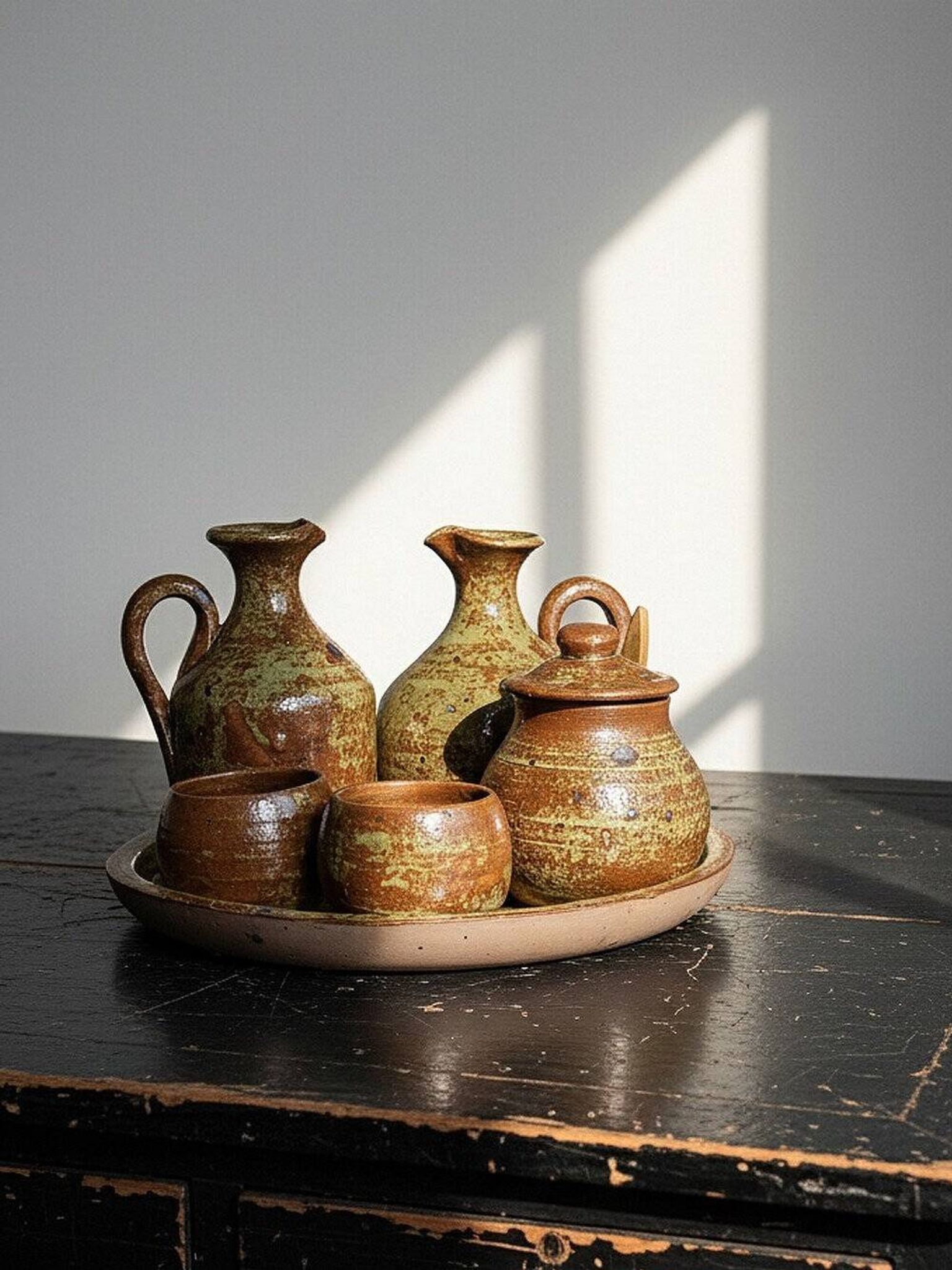 Vintage condiment service in glazed pyrite stoneware, artisanal Baudat La Borne style.