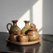 Vintage condiment service in glazed pyrite stoneware, artisanal Baudat La Borne style.