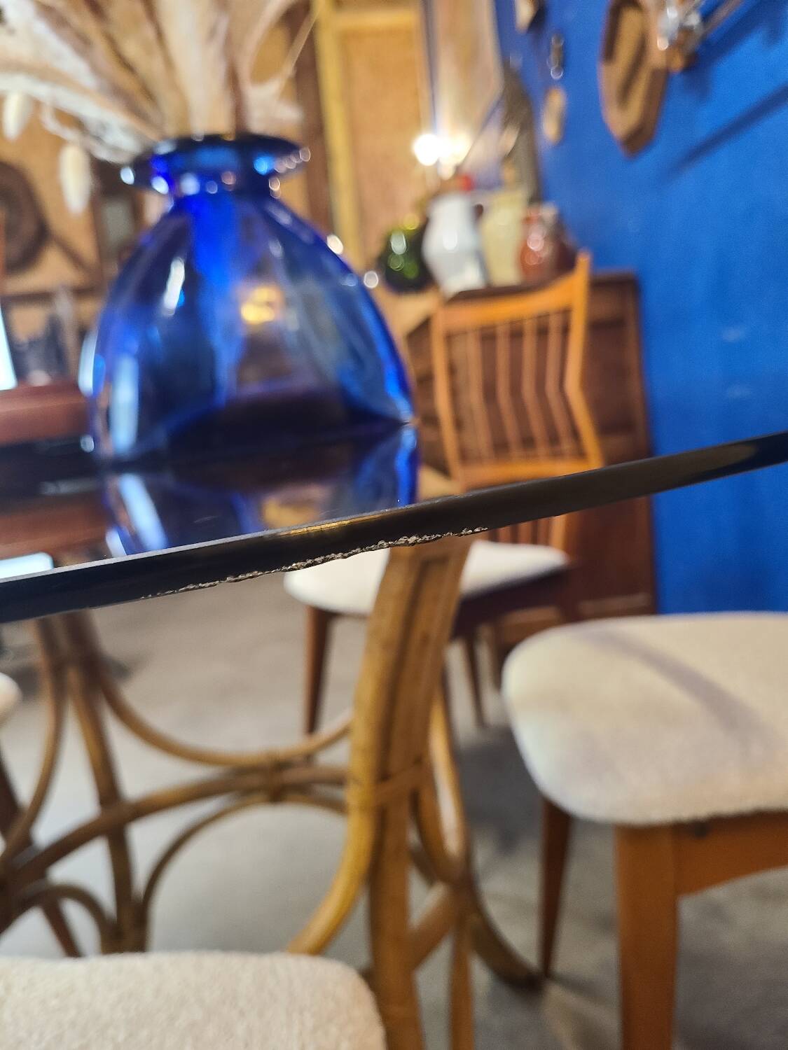70s smoked glass and rattan table
