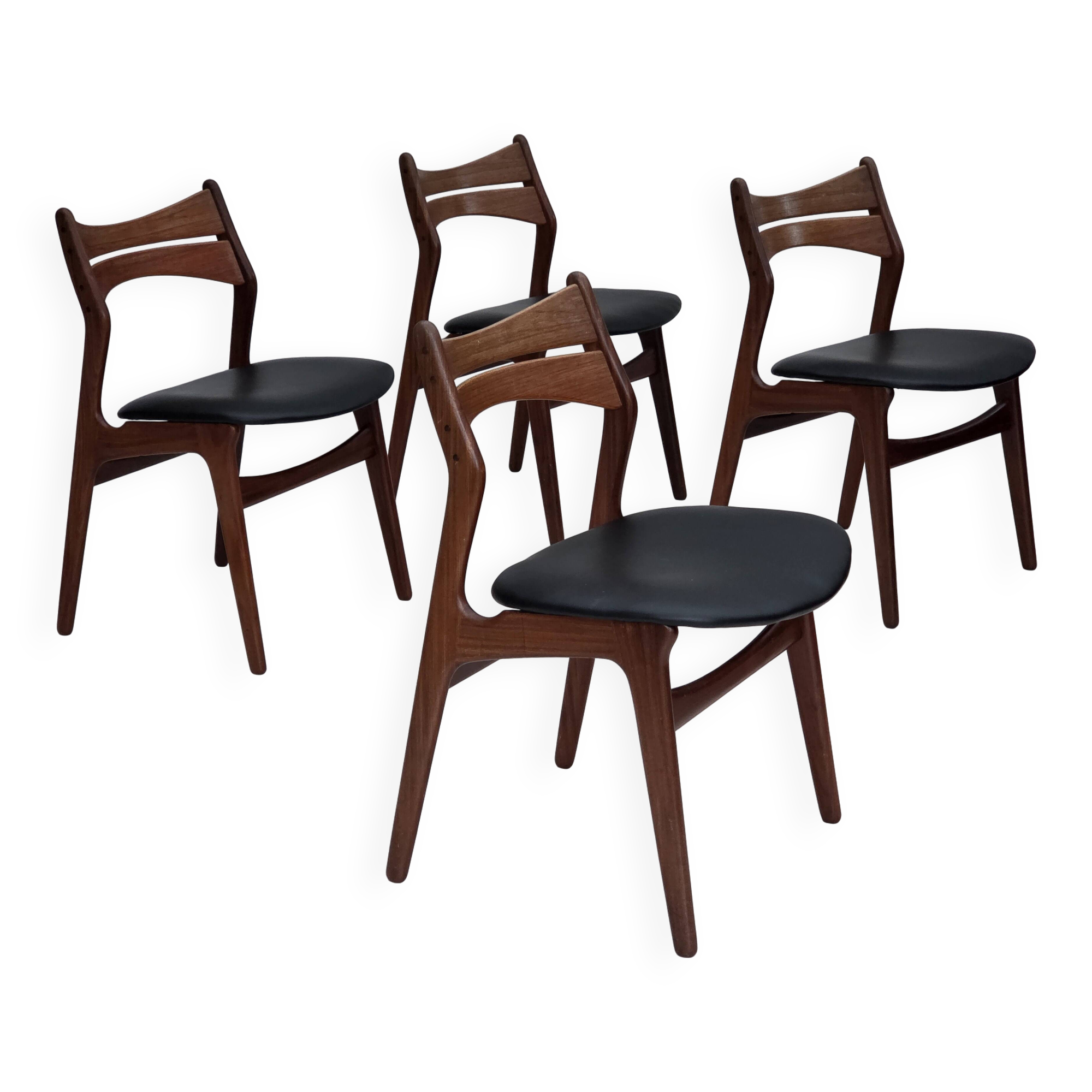 1960s, set of 4 reupholstered Danish dining chairs, design by Erik Buck.