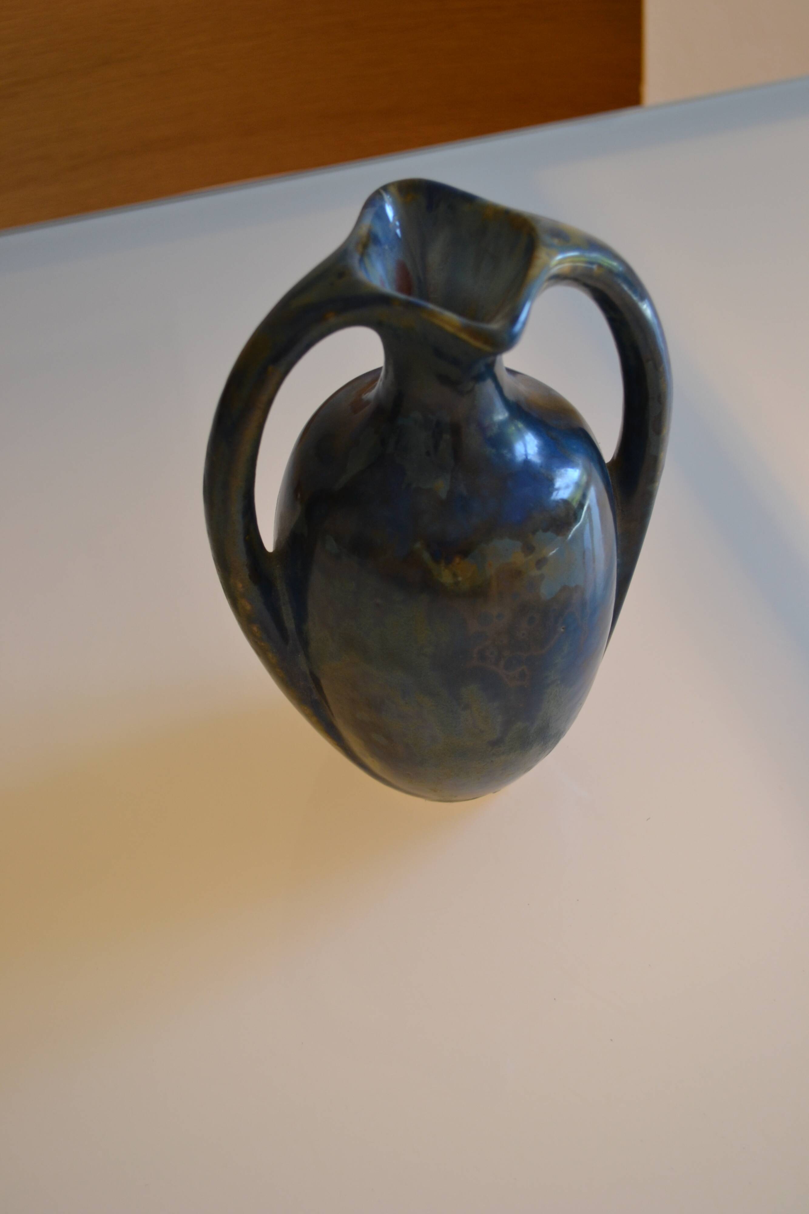 Iridescent Pierrefonds stoneware amphora vase, Art Deco, 1930, signed