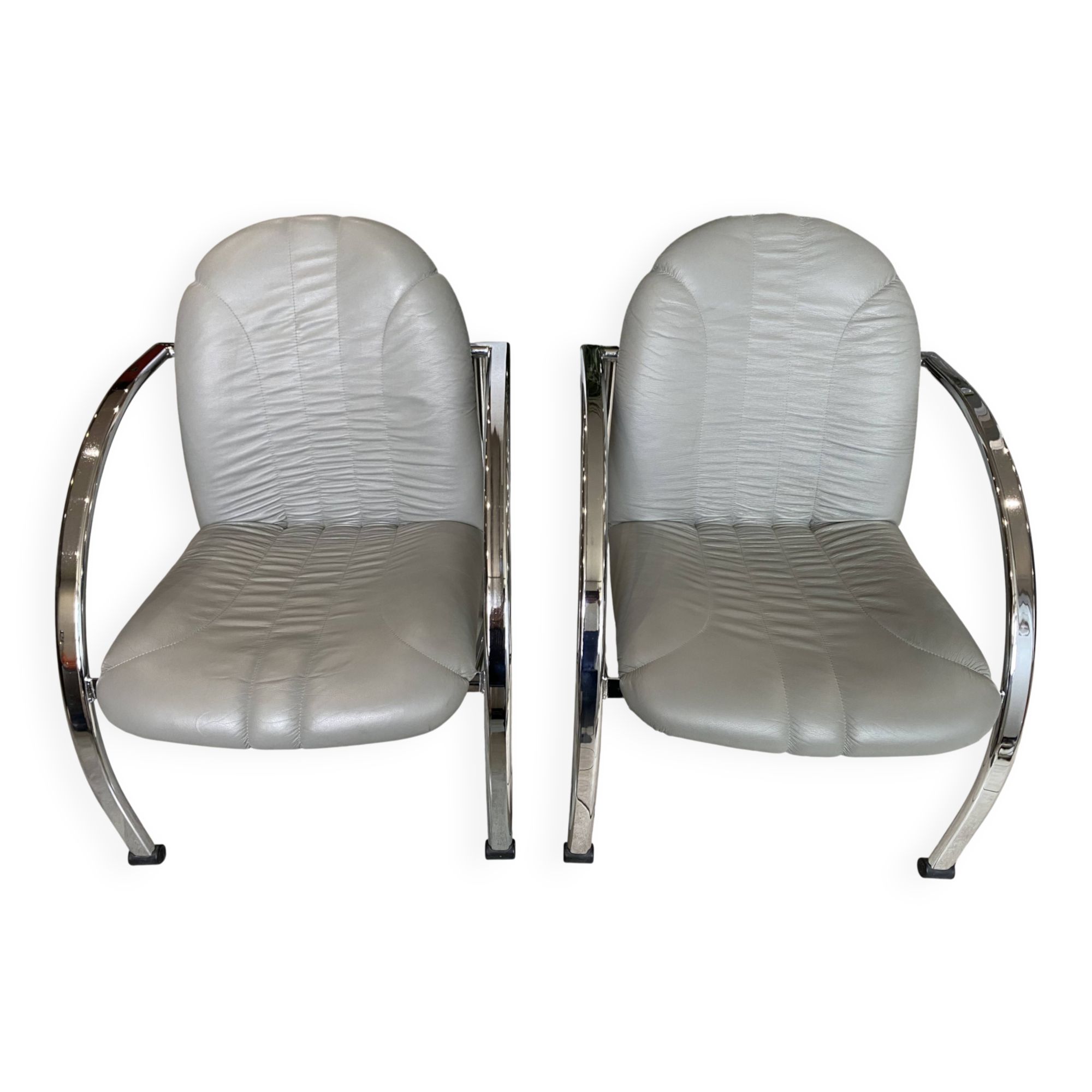 Pair of Souvignet armchairs, grey leather, chrome, 1980.