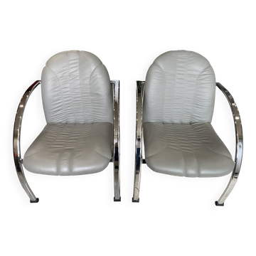 Paire de fauteuils Souvignet plichaise cuir gris chrome 1980